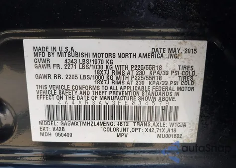 2015 Mitsubishi Outlander Sport Es from USA, damaged, VIN 4A4AR3AW3FE034579